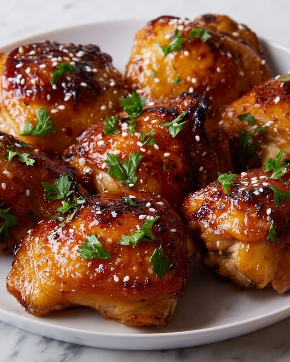 The image shows several pieces of cooked chicken thighs placed closely together on a white plate, each with a shiny, golden-brown glaze that looks sticky and caramelized. The chicken skin has a slightly crispy texture with some darker char marks adding depth. Each piece is topped with small green parsley leaves and sprinkled with white sesame seeds, giving a fresh contrast to the rich color of the chicken. The white plate sits on a white marbled textured surface, enhancing the warm tones of the food. Photo taken with an iphone --ar 4:5 --v 7