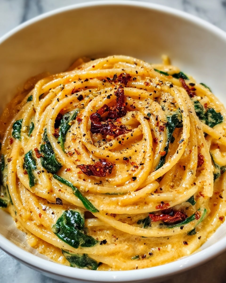 The image shows a white bowl filled with creamy spaghetti coated in a rich, yellow-orange sauce. The pasta strands are twisted neatly in the center, mixed with bright green spinach leaves and bits of dark red sun-dried tomatoes. The dish is garnished with cracked black pepper sprinkled evenly over the top, adding a speckled texture. The background features a white marbled surface, providing a clean and simple setting. photo taken with an iphone --ar 4:5 --v 7
