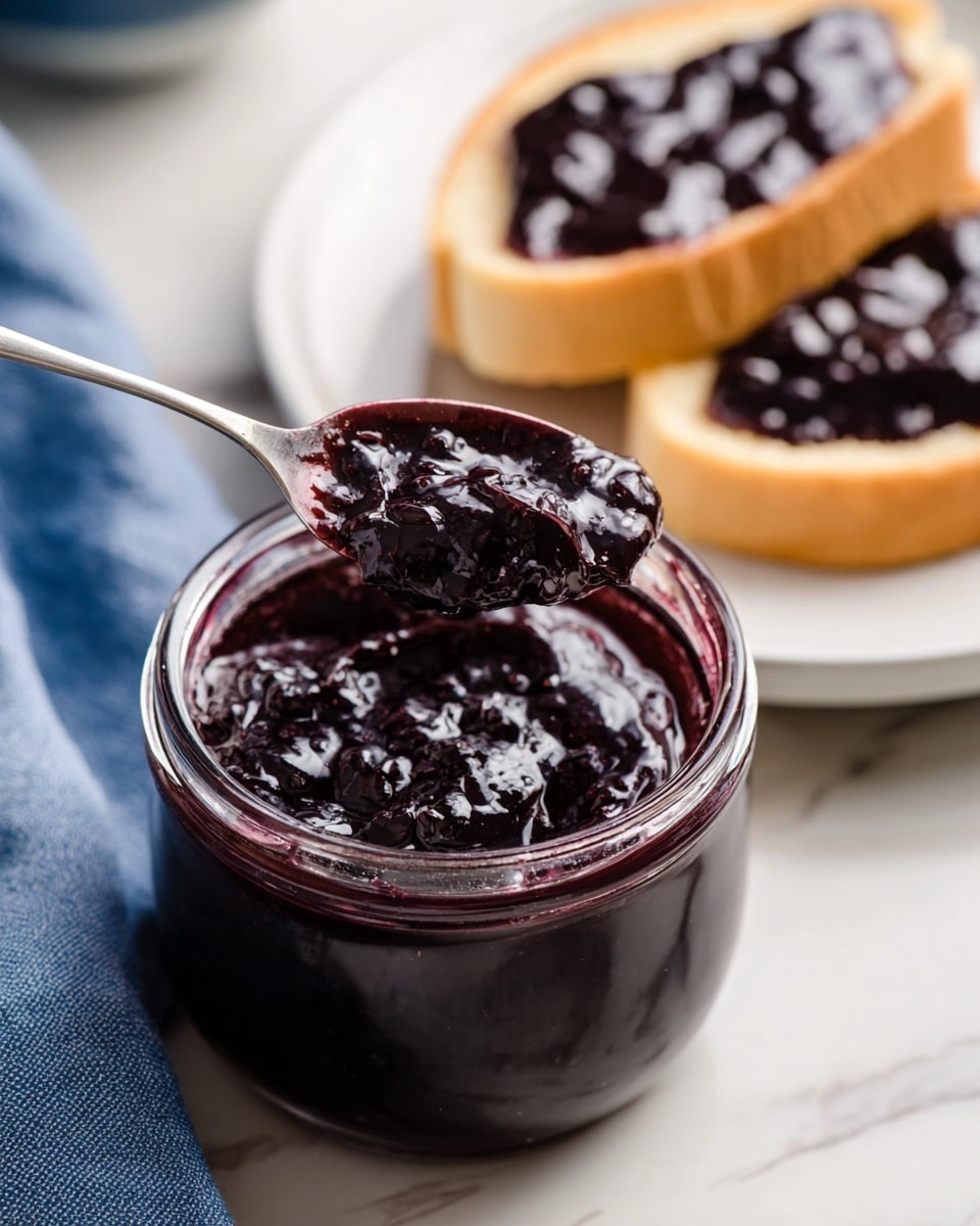 A close-up image of a clear glass jar filled with thick, dark purple jam. A silver spoon scoops some jam from the jar, showing its shiny and smooth texture. In the background, three slices of bread are spread with the same dark purple jam, placed on a white plate. The scene is set on a white marbled surface with a hint of a blue cloth visible to the side. photo taken with an iphone --ar 4:5 --v 7