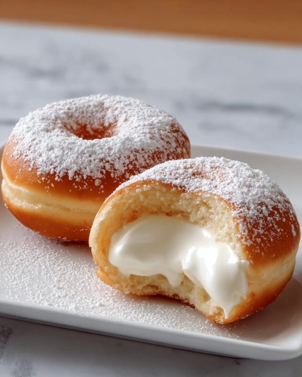 Two soft golden-brown donuts sit on a white rectangular plate placed on a white marbled surface. The donut on the left is whole, topped with a dusting of white powdered sugar. The donut on the right is cut in half, showing a thick, creamy white filling oozing out smoothly from inside. Both donuts have a light, fluffy texture with a slight shine on the outer crust. Photo taken with an iphone --ar 4:5 --v 7