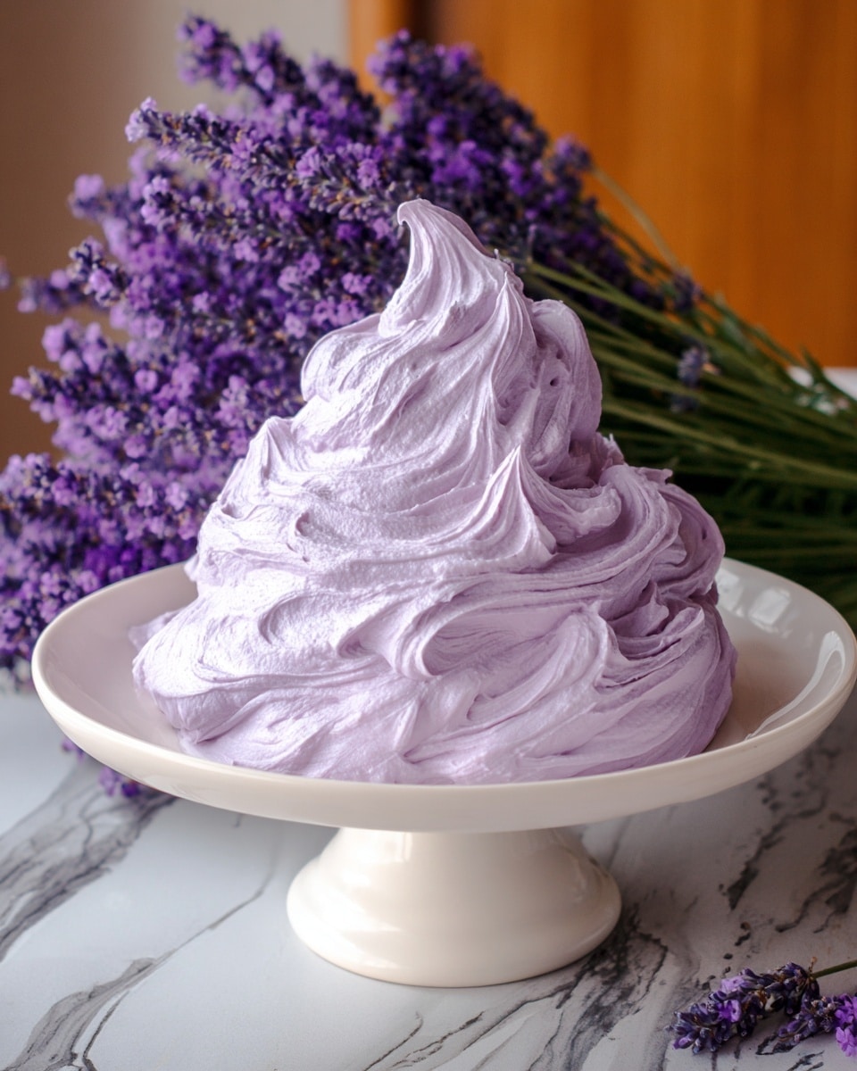 A dollop of soft, fluffy lavender-colored whipped cream shaped in three smooth, swirling peaks sits on a white, ornate pedestal cake stand. The whipped cream has a creamy texture with gentle waves and soft folds, showing light reflections on its surface. The background shows blurred bunches of vivid purple lavender flowers and a warm wooden surface. The overall color palette contrasts soft purple tones with the clean white cake stand and the natural hues of the background photo taken with an iphone --ar 4:5 --v 7