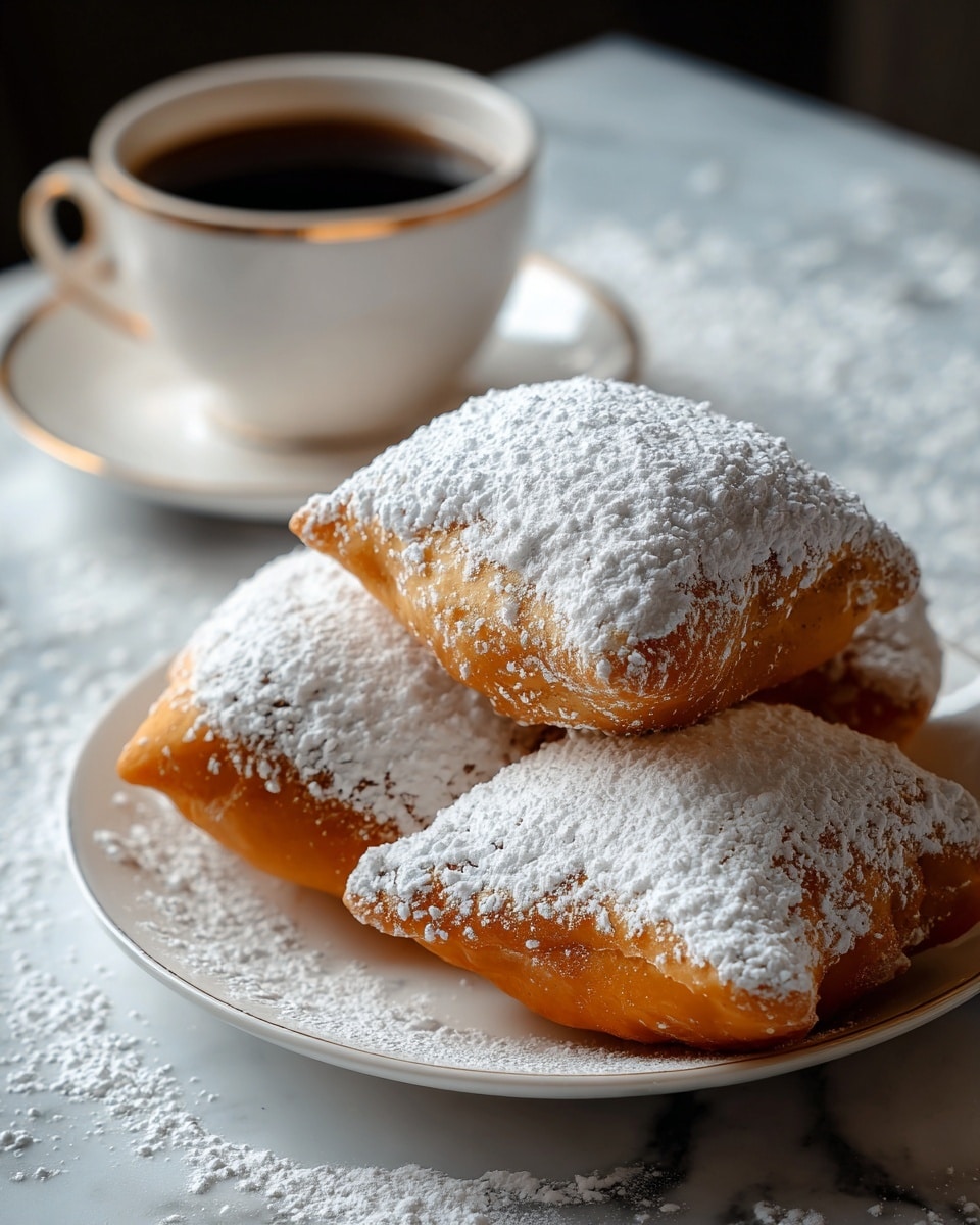 A white plate holds three golden-brown beignets stacked on top of each other, each generously covered with a thick layer of white powdered sugar that looks soft and powdery. The beignets appear puffy and light with slightly crinkled edges, showing a texture that is crispy outside and fluffy inside. In the background, there is a white cup and saucer filled with dark coffee, slightly out of focus, resting on a white marbled surface that also has some scattered powdered sugar. The lighting highlights the warm color of the beignets and the soft white sugar, giving a cozy and fresh feel to the scene. photo taken with an iphone --ar 4:5 --v 7