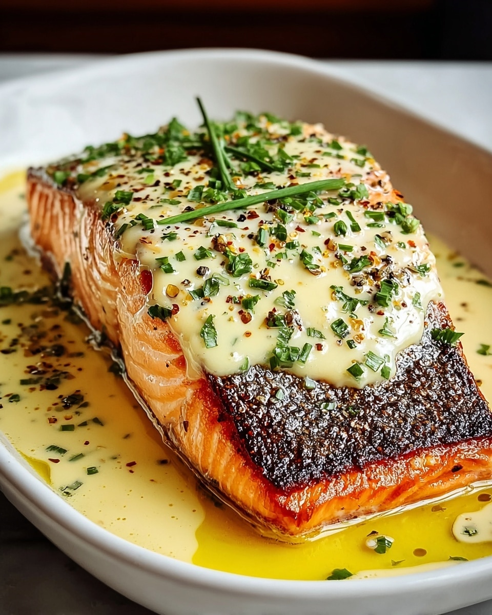 A thick, rectangular piece of grilled salmon with a crispy, dark brown skin on top and soft, orange-pink flesh underneath sits in a white dish. The salmon is covered with a creamy, pale yellow sauce dotted with bright green chopped herbs and black pepper. The sauce pools around the salmon, mixing with golden oil that shines under the light. The dish is placed on a white marbled surface. photo taken with an iphone --ar 4:5 --v 7