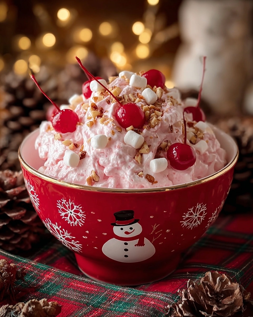 A white bowl filled with a light pink whipped dessert that forms soft peaks, topped with bright red cherries evenly spaced around and on top, small white marshmallows scattered throughout, and sprinkled with crushed nuts for texture. The bowl sits on a white marbled surface with pinecones and a plaid cloth beneath it, soft warm fairy lights glowing out of focus in the background. Photo taken with an iphone --ar 4:5 --v 7