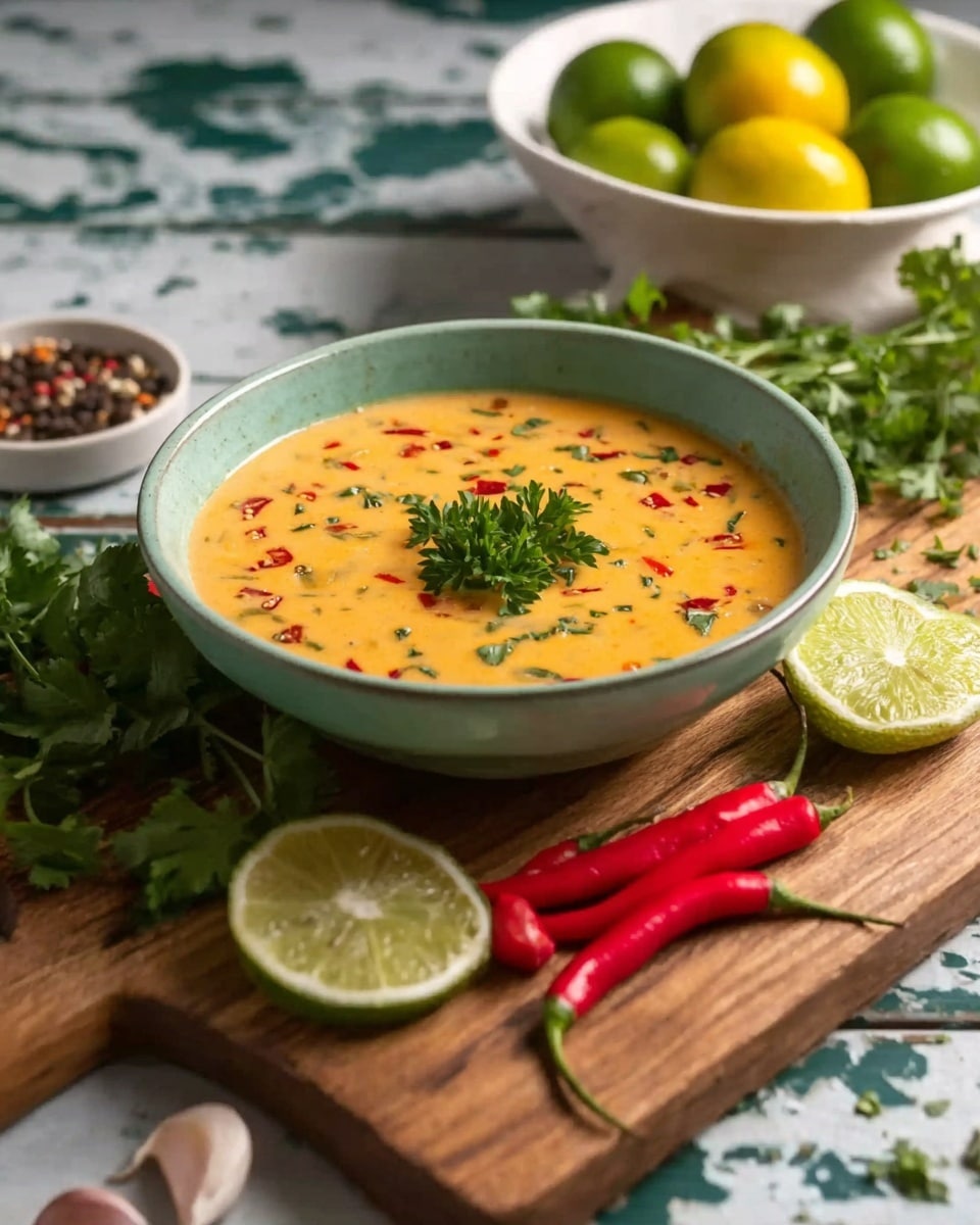 A light green bowl filled with a creamy orange soup with small bits of red, green, and white ingredients scattered throughout. On top, a sprig of fresh green parsley decorates the soup. The bowl sits on a wooden board that also holds three red chili peppers, slices of bright green lime, and fresh green parsley spread around. In the background, there is a white bowl with green limes and yellow lemons on a white marbled surface. A few garlic cloves and peppercorns are scattered nearby. Photo taken with an iphone --ar 4:5 --v 7