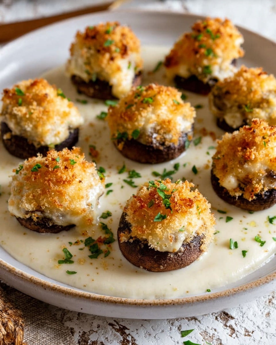 This image shows nine stuffed mushrooms placed on a round white plate with a smooth white sauce spread evenly across the bottom. Each mushroom has a dark brown base with a creamy white filling topped with a golden-brown, crispy breadcrumb layer, giving a slightly rough texture. Small green herb sprinkles are scattered lightly over the sauce and mushrooms. The plate is set on a rustic textured surface with a white marbled background visible around the edges. photo taken with an iphone --ar 4:5 --v 7