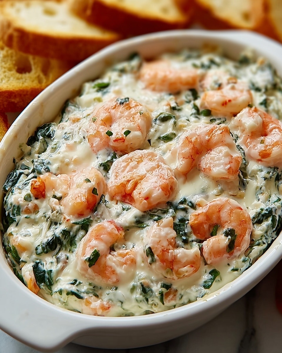 The dish shows a white oval ceramic dish filled with creamy shrimp and spinach dip, thick and white with small chunks of melted cheese mixed in. Bright pink shrimp are spread evenly on top, each piece slightly curled and coated in the creamy sauce. Dark green spinach leaves are also mixed inside, adding contrast against the white dip. In the background, pieces of golden toasted bread sit ready for dipping. The whole scene rests on a white marbled surface. photo taken with an iphone --ar 4:5 --v 7