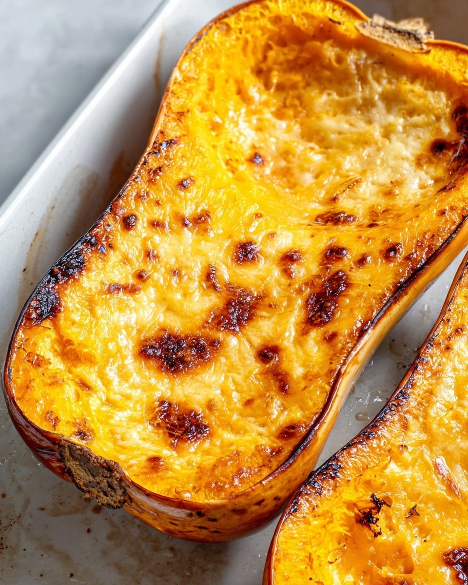 Two halves of baked butternut squash sit inside a white rectangular baking dish on a white marbled surface. Each squash half has a slightly browned and bubbly top with a smooth, golden-yellow cheese or sauce layer covering the inside. The edges of the squash are browned and slightly crisp. The baking dish shows some brown spots from cooking. A white cloth with a black grid pattern is partially visible on the right side. photo taken with an iphone --ar 4:5 --v 7