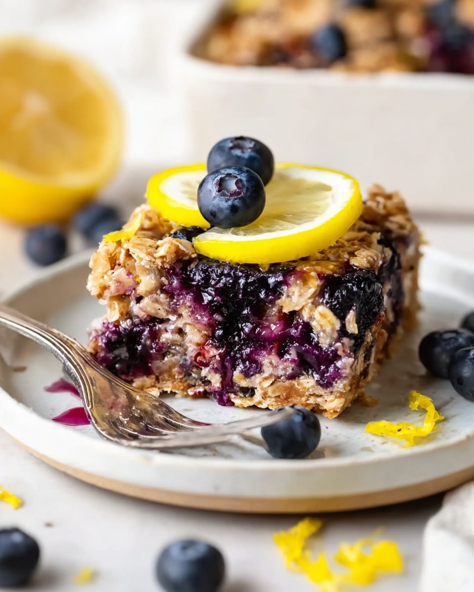 A single square piece of blueberry oatmeal bar sits on a white plate with a shiny silver fork by its side. The bar shows a dense texture made of oats and whole, juicy blueberries, some bursting and oozing dark purple juice. On top, there are two fresh blueberries and a thin bright yellow slice of lemon. Around the plate, several loose blueberries and small yellow lemon peel bits add color. The background is a soft, white marbled texture with a slightly blurred white dish holding more bars. The scene is bright and inviting, emphasizing the natural colors and textures of the blueberries and oats. photo taken with an iphone --ar 4:5 --v 7