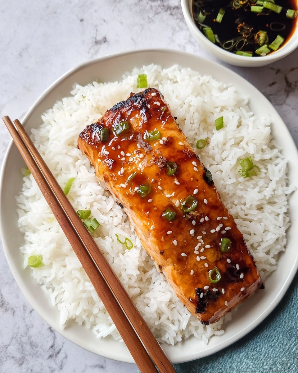 A white plate holds a single layer of fluffy white rice spread evenly in a round shape. On top at the center lies one thick rectangular piece of grilled salmon with a glossy, caramel-colored glaze. The salmon is slightly charred in spots and is sprinkled with small green onion slices and white sesame seeds. Next to the plate are light brown wooden chopsticks resting on the edge. In the background, there is a small white bowl filled with dark sauce and garnished with green onion pieces, all set on a white marbled texture surface. photo taken with an iphone --ar 4:5 --v 7