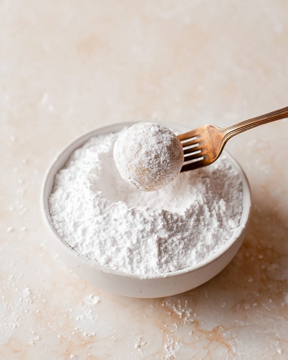 A white bowl filled with fine white powdered sugar sits on a white marbled surface. Above the bowl, a wooden fork holds a round ball-shaped dough piece, partially covered in powdered sugar giving it a soft, powdery white coating over a light beige base. The background is softly blurred in light beige tones. photo taken with an iphone --ar 4:5 --v 7