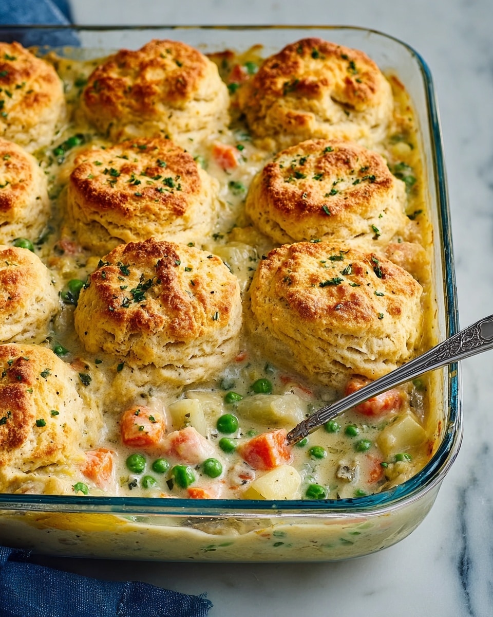 This image shows a glass baking dish filled with a warm casserole topped with eight golden brown biscuits. Each biscuit is fluffy and lightly browned on top, with a slightly rough texture and small green herb bits sprinkled over them. Beneath the biscuits is a thick creamy sauce with visible chunks of orange carrots, green peas, and small pieces of white potato or chicken, creating a colorful, hearty layer. A silver spoon rests inside the dish, partly submerged in the creamy vegetable mix. The dish sits on a white marbled surface with a blue cloth cloth nearby. photo taken with an iphone --ar 4:5 --v 7