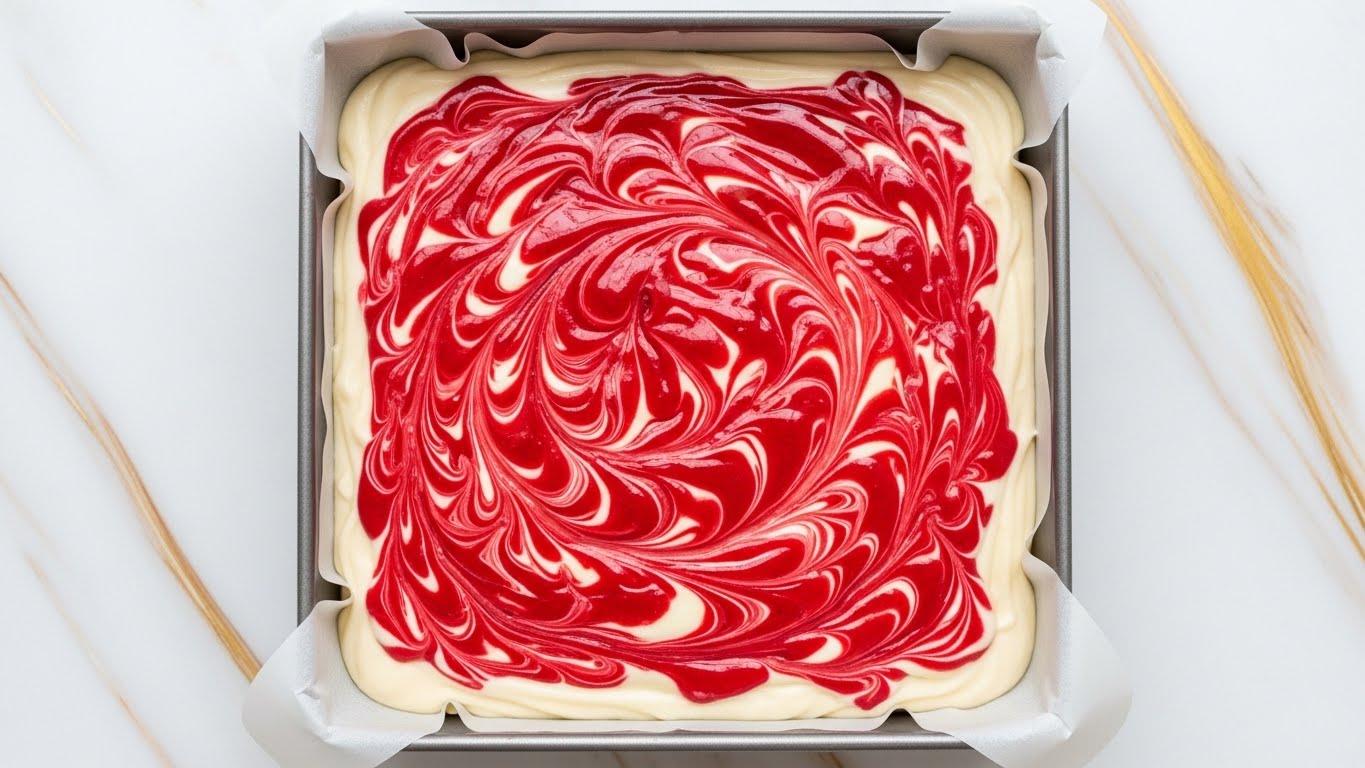 The image shows a square pan lined with parchment paper filled with a creamy white batter on the bottom layer, topped with a vibrant red sauce swirled artistically to create a marbled effect. The swirls of the red sauce spread evenly throughout the creamy base in a mix of smooth and textured patterns, creating a visually striking contrast between the bright white and deep red colors. The pan is placed on a white marbled surface with subtle gold streaks, adding an elegant touch to the setting. photo taken with an iphone --ar 4:5 --v 7