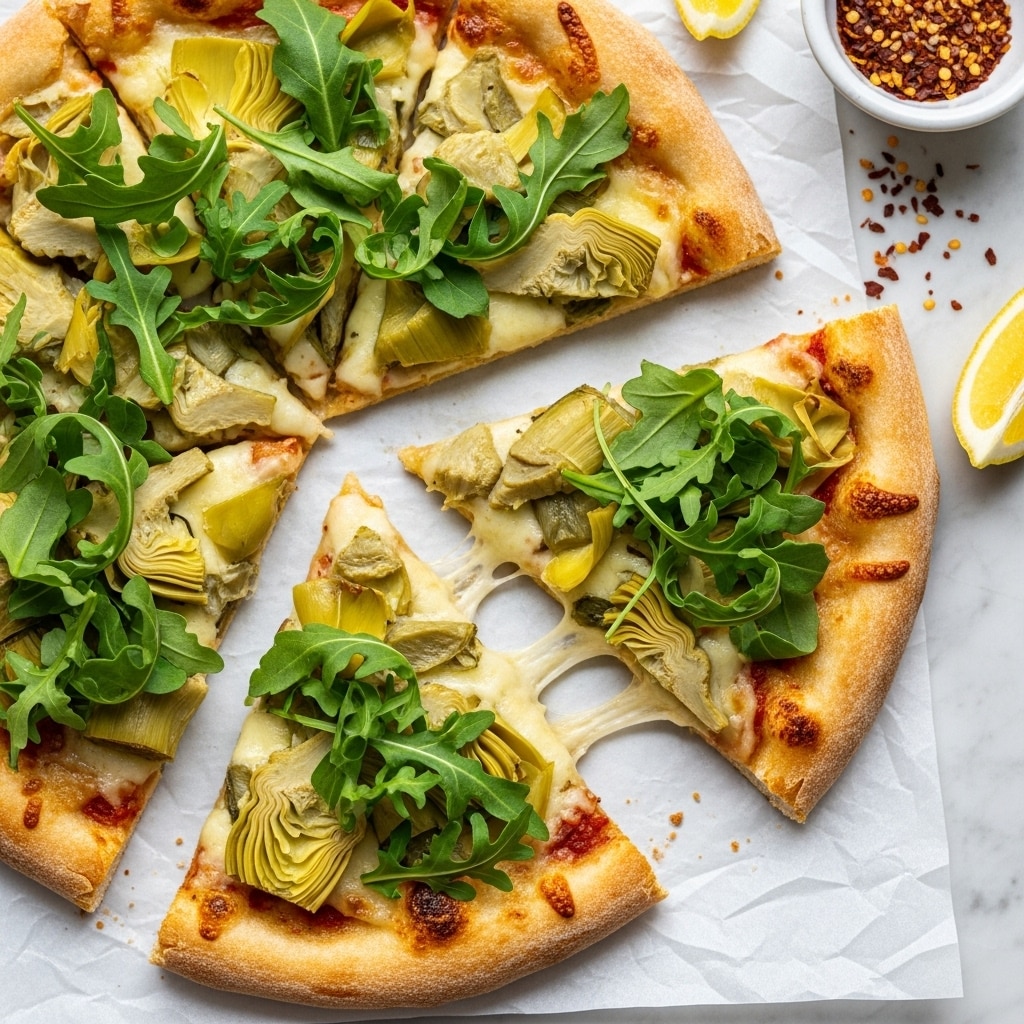 A close-up view of a pizza showing three slices on a white marbled surface covered with white parchment paper. The pizza has one main layer of melted golden cheese topped with soft, light yellow artichoke pieces. On top of these artichokes, there is a layer of fresh green arugula leaves scattered across the slices unevenly. The pizza crust is thick and golden brown with some darker toasted spots, and the cheese pulls slightly between the detached slices. To the top right of the pizza, there are some lemon wedges and a small white bowl filled with red chili flakes. Photo taken with an iphone --ar 4:5 --v 7