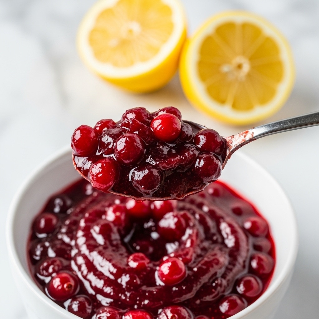 A close-up of a spoon holding a thick, chunky red cranberry sauce above a white bowl filled with the same sauce, showing whole cranberries and glossy, textured sauce layers. In the background, there is a halved lemon with a bright yellow color sitting on a white marbled surface. The scene highlights the deep red and shiny texture of the sauce contrasted with the bright yellow lemon. photo taken with an iphone --ar 4:5 --v 7
