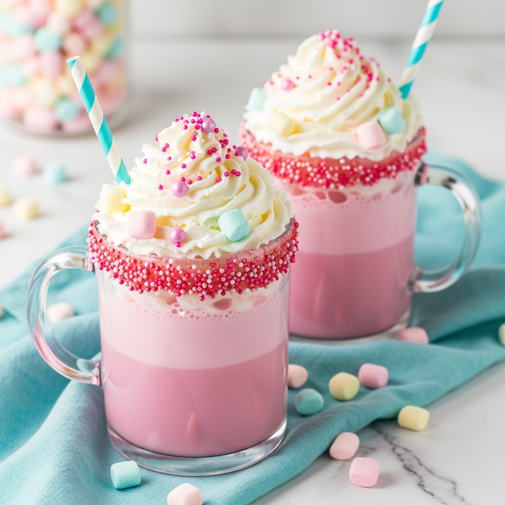 Two clear glass mugs filled with a two-layered pink drink, the bottom layer is a slightly darker pink while the top layer is lighter. Each mug is topped with a large swirl of white whipped cream, sprinkled with small pink and white round sprinkles. Mini pastel-colored marshmallows are scattered on top of the whipped cream and around the mugs on a light blue cloth. The rims of the mugs are coated with the same pink and white sprinkles. A blue and white striped straw sticks out of each mug. The setting is on a white marbled surface with a blurred jar of pastel marshmallows in the background. photo taken with an iphone --ar 4:5 --v 7