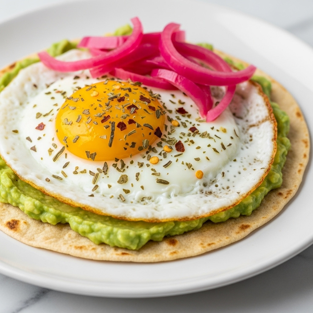 A close-up image of a dish shows a single fried egg with a bright yellow yolk and crispy white edges topped with dried herbs and chili flakes, resting on a layer of green mashed avocado spread on a flat tortilla. Bright pink pickled onion slices sit on top of the egg, adding a pop of color. The tortilla is placed on a white plate that sits on a white marbled surface. photo taken with an iphone --ar 4:5 --v 7