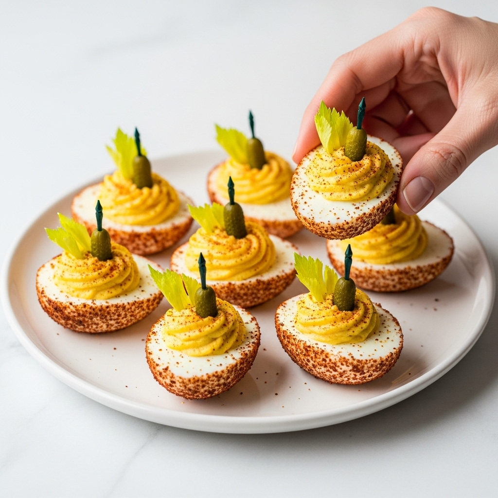 A white plate filled with several oval-shaped dark brown crispy bases, each topped with a small dollop of smooth, light orange creamy spread. On top of each spread, there is a small slice of green pickle and a fresh, bright green celery leaf sticking up, creating a fresh contrast. The snacks are evenly spaced and arranged neatly on the plate, which sits on a white marbled surface. photo taken with an iphone --ar 4:5 --v 7