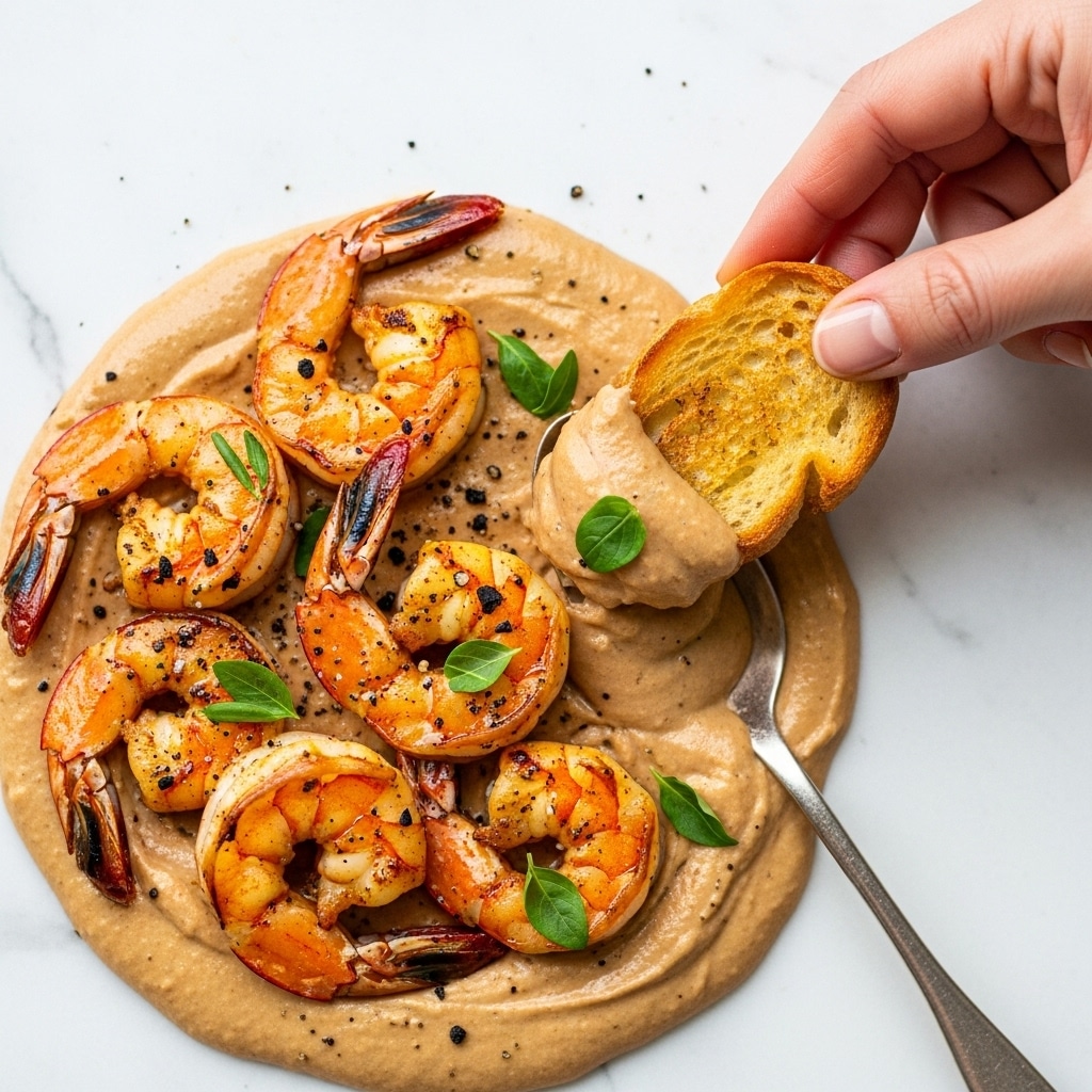 This close-up image shows cooked shrimp in a creamy sauce with herbs and black pepper bits scattered on top. The shrimp are orange with some charred spots, sitting in a light brown, smooth sauce with visible green herb leaves. A woman's hand is holding a piece of golden-brown toasted bread, partially dipped in the sauce. A silver spoon is also partly visible underneath the shrimp and sauce. The whole scene is set on a white marbled texture. photo taken with an iphone --ar 4:5 --v 7