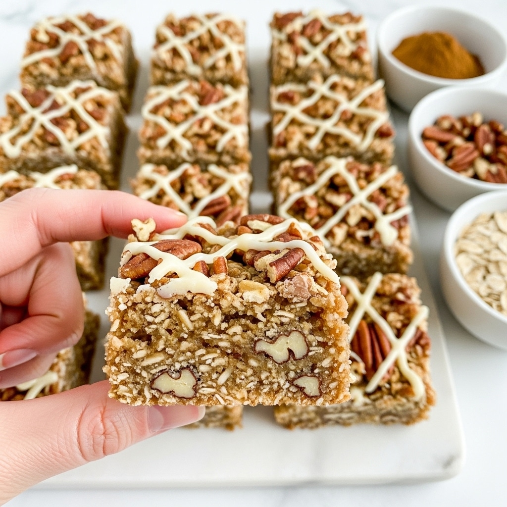 The image shows a close-up of a single square oat bar held by a woman's hand in the foreground, revealing two layers: the bottom is chewy and dense with visible oats and small nut pieces in light and golden brown shades, while the top layer is a crunchy mix of chopped pecans and oats with a light glaze drizzled over it in a creamy white color. Behind it, there is a grid of similar oat bars arranged neatly on a white marbled surface, each showing the textured oat and nut base topped with the glazed nut topping. Small white bowls containing brown cinnamon powder, chopped pecans, and rolled oats are partially visible in the background. Photo taken with an iphone --ar 4:5 --v 7