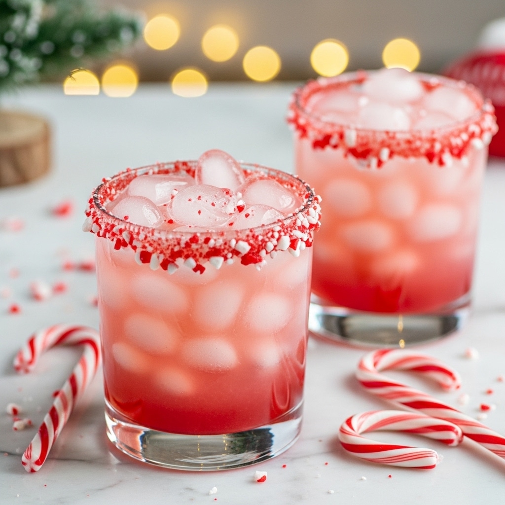 Two short clear glasses filled with a light pink drink that has a gradient from slightly darker pink at the bottom to lighter at the top, with many small ice cubes floating on the surface. Each glass has a rim coated with crushed red and white candy pieces, giving a textured, festive look. The glasses sit on a white marble surface with red and white candy canes placed nearby. In the background, there are blurry warm lights and a hint of a green Christmas tree, adding a cozy holiday feel. Photo taken with an iphone --ar 4:5 --v 7