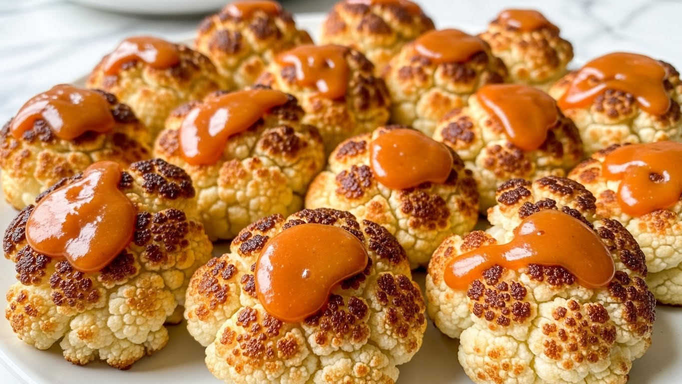 A close-up image of roasted cauliflower florets with a crispy, browned texture on the edges, covered in a sticky orange glaze that looks like a sauce or glaze spread unevenly across the surface. The florets are off-white with a slightly charred and golden brown outer layer, and they are arranged densely on a white plate. The background shows a blurred and simple setting with a white marbled texture under the plate. Photo taken with an iphone --ar 4:5 --v 7