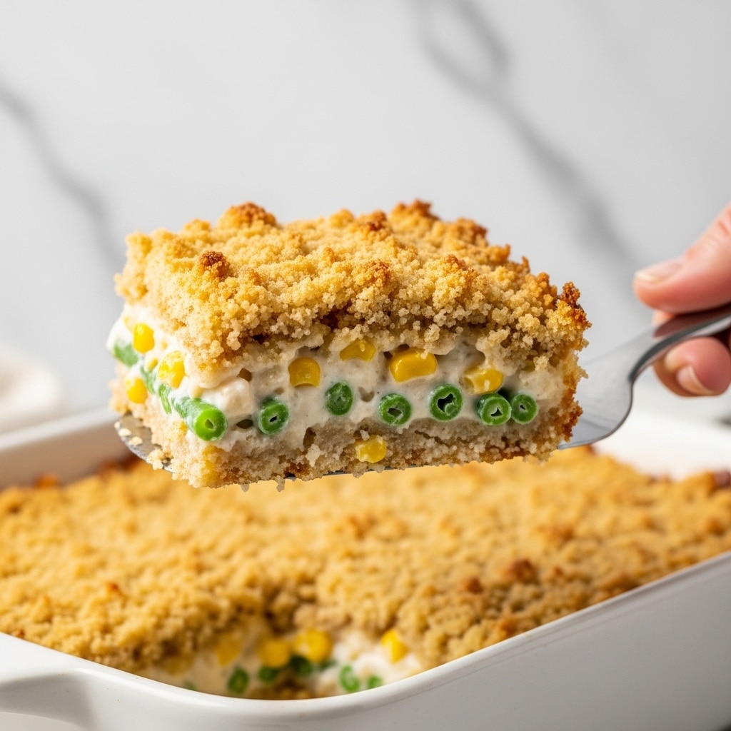 A close-up of a spoon holding a square piece of green bean casserole with two main layers: the bottom layer is creamy with visible green beans and small bits of yellow corn, showing a soft and moist texture; the top layer is a thick, golden brown crumb crust that looks crispy and slightly rough, sitting on a casserole dish filled with more of the same casserole in the background, all set on a white marbled surface. photo taken with an iphone --ar 4:5 --v 7