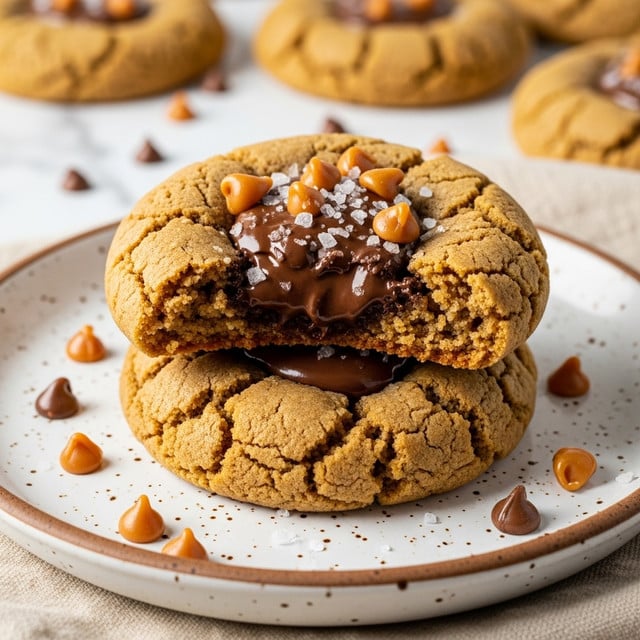 A close-up of a stack of two large cookies on a white plate with speckled brown edges, each cookie is golden brown with cracked textures and a darker brown center filled with melted chocolate. The top cookie is sprinkled with coarse sea salt flakes and small caramel chips, some falling onto the plate around it. In the background, more cookies can be seen blurry, also topped with sea salt. The plate sits on a beige cloth over a white marbled surface, with soft natural lighting highlighting the textures and warm colors of the cookies. photo taken with an iphone --ar 4:5 --v 7