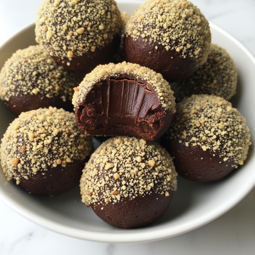 The image shows several round chocolate truffles on a white bowl with a white marbled surface underneath. Each truffle has two layers: a smooth, dark chocolate center with a rich, fudgy texture, and an outer layer covered in crushed light brown nuts that add a rough, crunchy texture. One truffle is partially bitten, showing the thick, soft dark chocolate inside. The truffles fill the bowl closely, highlighting their round shape and crunchy coating. photo taken with an iphone --ar 4:5 --v 7