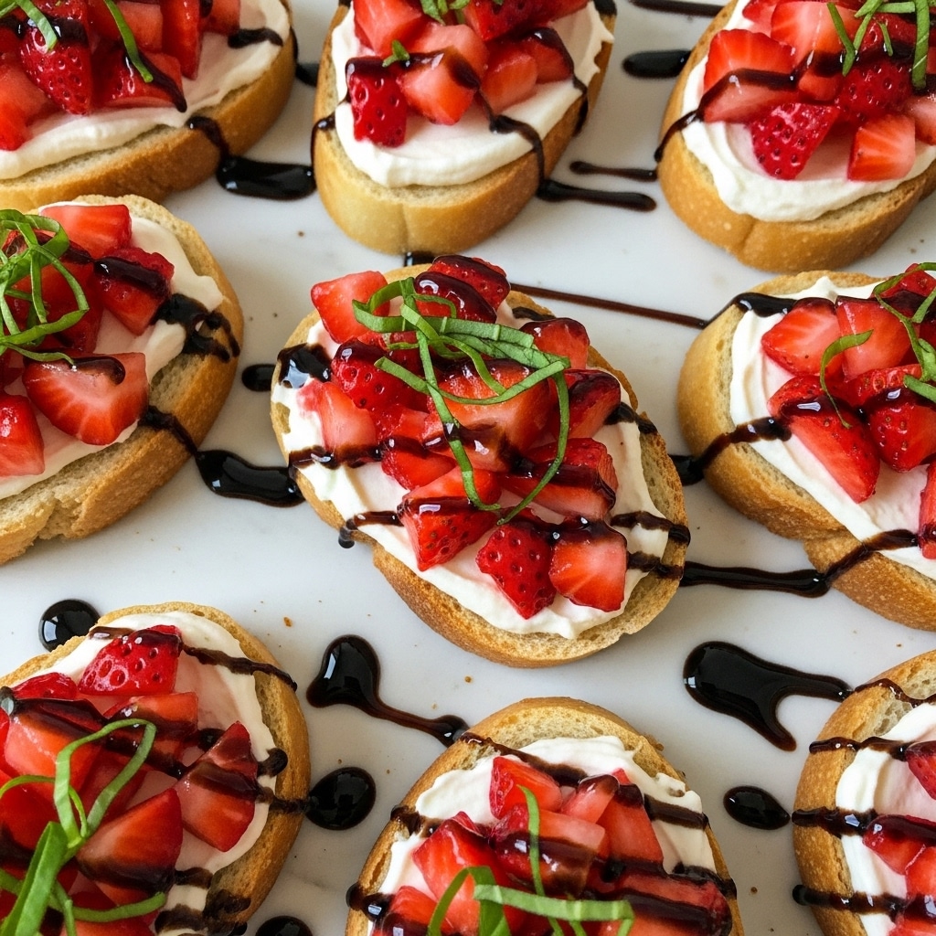 The image shows several small pieces of toasted bread arranged closely on a white marbled surface. Each piece of bread has a thick, creamy white layer spread on top, followed by bright red chopped strawberries as the next layer. Thin strips of fresh green basil are scattered over the strawberries, adding a touch of color. A dark, glossy balsamic glaze is drizzled over all the pieces, creating shiny spots and lines that contrast with the red strawberries and white cream. The texture of the bread looks crispy and golden, while the strawberries appear juicy and fresh. photo taken with an iphone --ar 4:5 --v 7