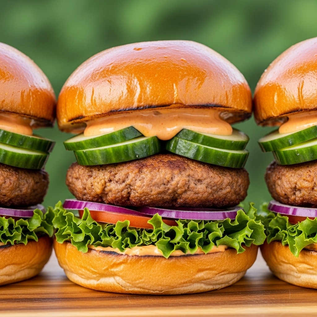 Three burgers are shown on a wooden board with a blurred green background. Each burger has five visible layers and is stacked neatly. From bottom to top: a toasted golden brown bun base with some grill marks; green curly lettuce leaves; thin red onion slices; a thick, cooked burger patty with a slightly crisp surface; thick slices of fresh, bright green cucumber; a creamy orange sauce covering the patty and cucumber; and a shiny, toasted golden brown bun top glazed with sauce. The arrangement shows the burgers closely placed in a triangular pattern. Photo taken with an iphone --ar 4:5 --v 7