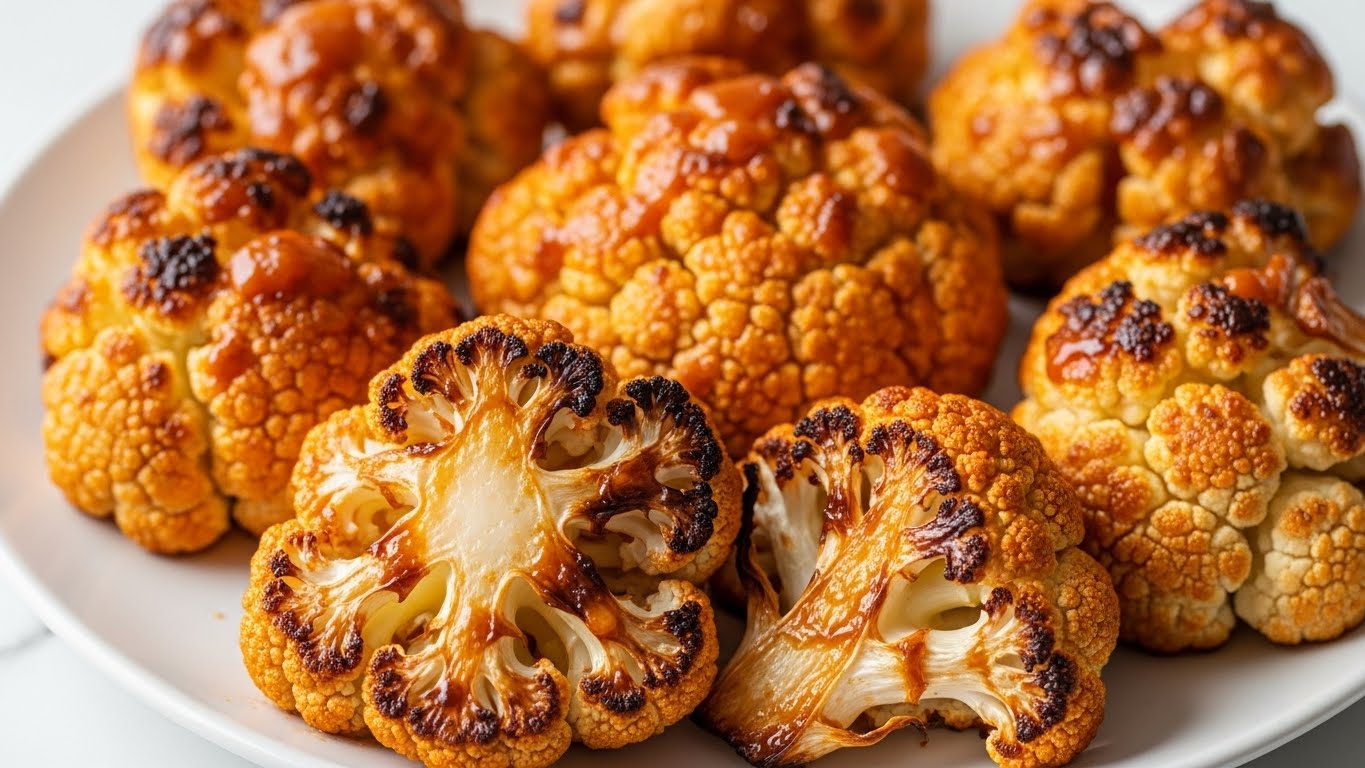 A close-up of a white plate filled with several roasted cauliflower florets, each piece showing a golden-brown crispy texture with dark charred edges. The florets have an even coating of a glossy orange sauce that glistens under the light. The florets are clustered together, revealing the creamy white inner parts and the bumpy, textured outer surface, giving a contrast of soft and crunchy textures. The image captures the warm tones of the roasted vegetables against a subtle white marbled background. Photo taken with an iphone --ar 4:5 --v 7