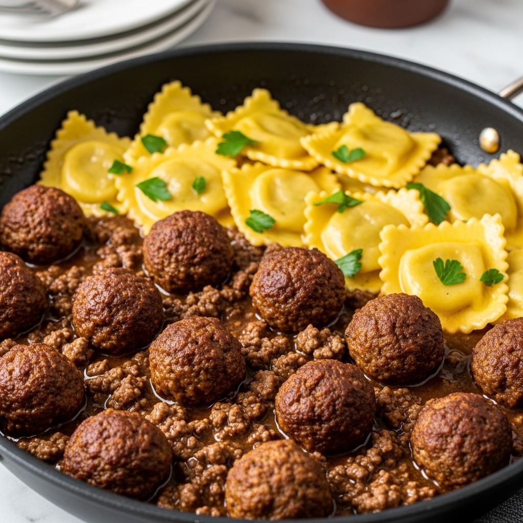 A close-up view of a black pan filled with about two layers of food: the bottom layer consists of minced meat in a rich brown gravy sauce, mixed with round browned meatballs that have a rough texture and a dark golden crust, scattered evenly across the pan. The top layer is made of large ravioli pieces in a light golden yellow color, glistening with sauce and slightly wrinkled edges, arranged in a way that they partly cover the meatballs. Fresh green parsley leaves are sprinkled on top, adding a bright touch to the warm tones of the dish. The background shows a white marbled surface with blurred white plates and a brown container. Photo taken with an iphone --ar 4:5 --v 7