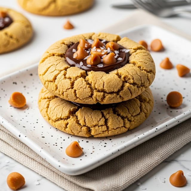 A close-up photo shows two large cookies stacked on a white speckled rectangular plate with slightly raised edges. Each cookie has a golden-brown, cracked surface with a soft and chewy texture. The top cookie has a layer of melted chocolate in the center, sprinkled with small caramel chips and coarse sea salt crystals. Around the cookies, a few caramel chips are scattered on the plate. The plate sits on a light textured cloth placed on a white marbled surface. In the background, there are blurred cookies and cutlery. Photo taken with an iphone --ar 4:5 --v 7