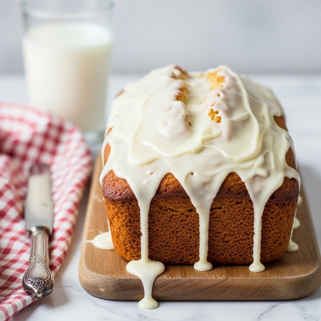 The image shows a golden brown loaf cake with a thick layer of white icing dripping down the sides and pooling slightly at the bottom edges. The icing is unevenly spread, creating soft ridges and valleys on the top surface, allowing the cake’s textured crumb to peek through. The cake rests on a wooden board, which lies on a white marbled surface. To the left of the loaf, there is a red and white checkered cloth next to a vintage silver butter knife. In the blurry background, there is a tall glass of milk. Photo taken with an iphone --ar 4:5 --v 7