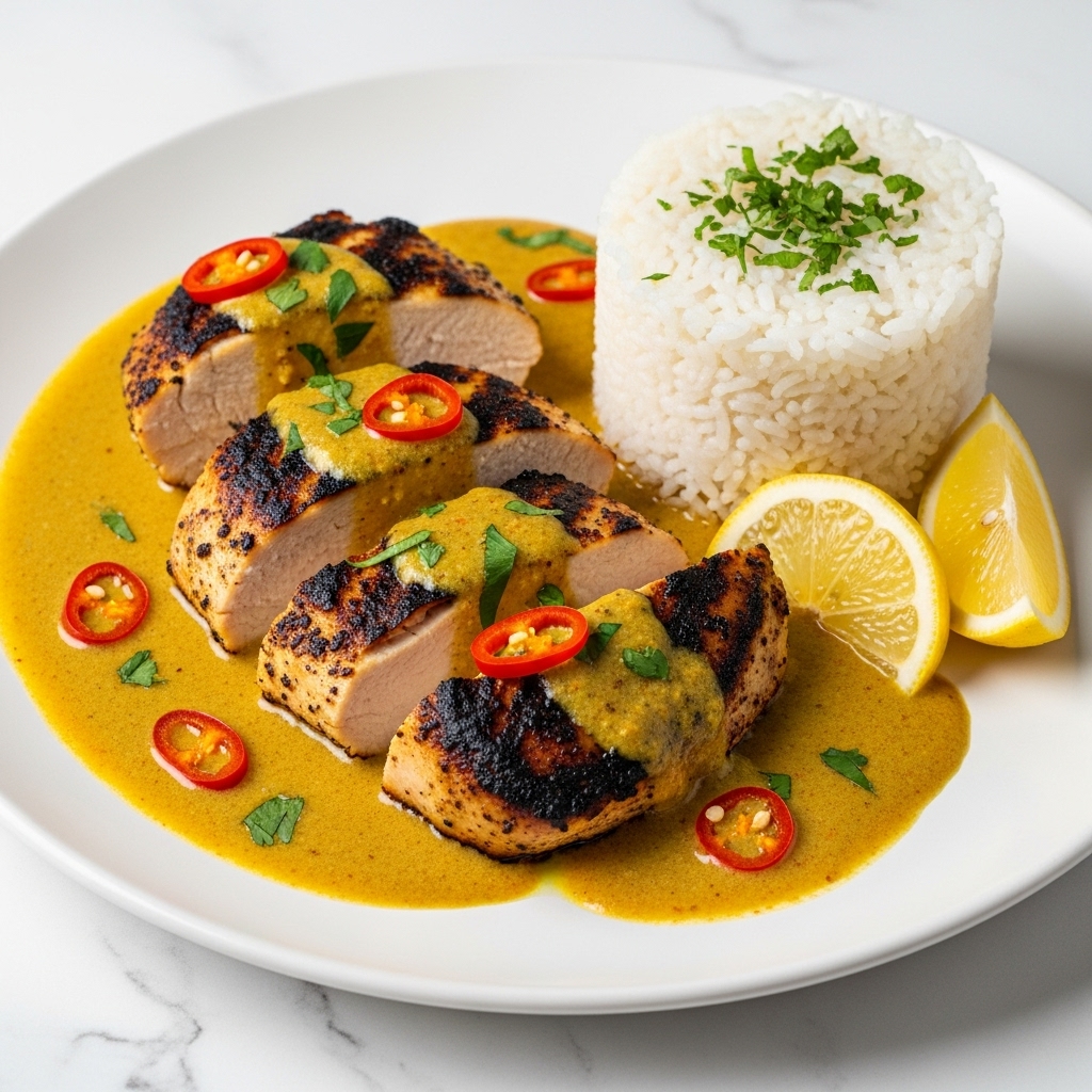 The dish shows three thick slices of grilled chicken breast placed side by side on a white round plate, covered in a rich yellow curry sauce with visible red chili bits and scattered green herbs. The chicken has a charred, slightly crispy texture on the outside with moist white meat inside. To the right of the chicken, there is a neat cylindrical mound of plain white rice topped with finely chopped green herbs. Two small lemon wedges are placed beside the rice, partially sitting in the sauce. The plate is set on a white marbled texture surface, highlighting the vivid colors and textures of the food. Photo taken with an iphone --ar 4:5 --v 7