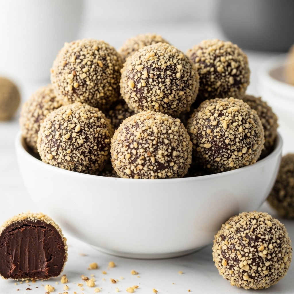 A white bowl filled with nine round truffles, each coated in a rough layer of chopped light brown nuts covering a dark chocolate center. The truffles are tightly packed, showing their uneven textures with some nut pieces scattered loosely around the bowl and on the white marbled surface below. The background is softly blurred with hints of a white cup and a dark gray object, giving focus to the nutty truffles. photo taken with an iphone --ar 4:5 --v 7