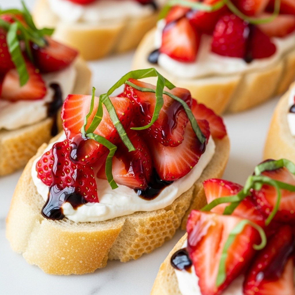 This image shows a close-up of small bread pieces topped with a creamy white spread as the first layer. On top of this spread, there are fresh, sliced red strawberries arranged in a small pile. Thin strips of bright green basil leaves are scattered over the strawberries. The whole topping is finished with a shiny, dark brown balsamic glaze drizzled over everything. The bread is light brown and looks soft and slightly crusty. All the pieces are placed on a white marbled surface. photo taken with an iphone --ar 4:5 --v 7