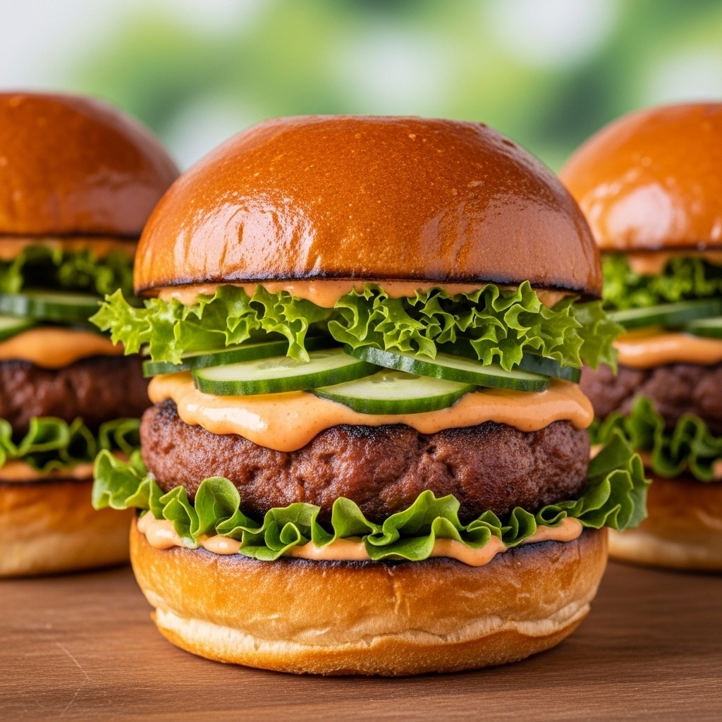 The image shows three burgers with shiny, toasted golden brown buns on a wooden table. Each burger has four main layers starting from the bottom: a slightly charred bun base, fresh green curly lettuce leaves, thinly sliced cucumber rounds, a thick grilled meat patty covered in a smooth orange sauce, more fresh cucumber slices on top, and finally the glossy top bun with a rich glaze. The background is softly blurred with green hues, keeping attention on the burgers that look juicy and fresh. Photo taken with an iphone --ar 4:5 --v 7
