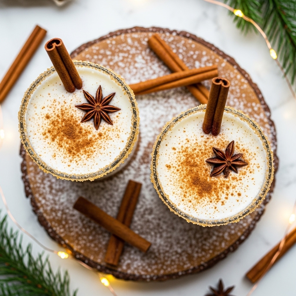 Two glasses are shown from above, each filled with a creamy white drink topped with a cinnamon stick and a star anise. The rims of the glasses are coated with a golden sugar crust. The drinks are sprinkled lightly with cinnamon powder. The glasses sit on a round wooden surface dusted with powdered sugar, surrounded by several cinnamon sticks and star anise pieces. There are some green pine leaves and warm fairy lights adding a cozy atmosphere to the scene. The background is a white marbled texture. photo taken with an iphone --ar 4:5 --v 7