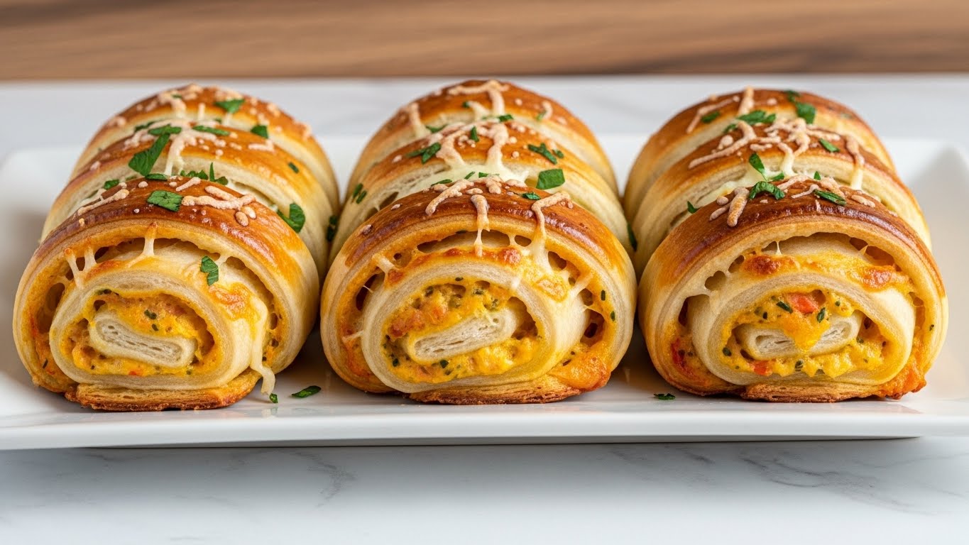 The image shows three rolled savory pastries placed side by side on a white rectangular plate, set on a white marbled surface with a wooden background. Each pastry is golden brown and baked to a shiny crisp, with multiple layers visible, about five to six, wrapped tightly in a spiral shape. The outer crust has melted cheese sprinkled lightly on top, along with finely chopped green herbs that add a fresh touch. The inside filling appears soft and creamy, with a rich orange-yellow color, suggesting a cheesy or vegetable mix. The texture contrasts between the crisp outer layers and the moist, tender filling made the dish look inviting and flavorful, photo taken with an iphone --ar 4:5 --v 7