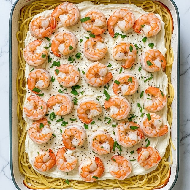 The image shows a baking dish filled with a layered shrimp pasta bake. The bottom layer is light yellow spaghetti noodles spread evenly in the dish. On top of the noodles is a creamy white sauce layer that looks smooth and thick. Placed evenly over the sauce are plump, cooked shrimp with a pink and white color. The shrimp pieces are slightly curled and scattered across the surface. The whole dish is sprinkled with small green pieces of chopped herbs, adding a fresh contrast to the creamy and pink tones. The edges of the baking dish show some light browning from baking. The dish is photographed on a white marbled surface. photo taken with an iphone --ar 4:5 --v 7