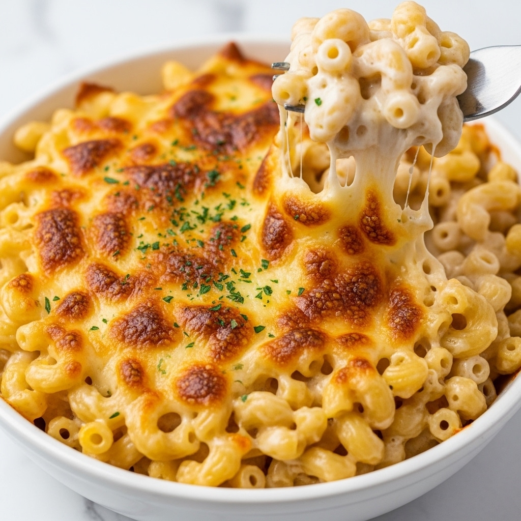 A close-up view of a baked macaroni and cheese dish in a white bowl, showing creamy macaroni pasta covered with a golden brown, slightly crispy top layer of melted cheese. The cheese has browned spots and is bubbly, with some green herb flakes sprinkled on top. A fork lifts a cheesy portion, with gooey melted cheese stretching from the bowl, highlighting the rich, soft texture of the macaroni below the crispy top. The bowl sits on a white marbled surface. Photo taken with an iphone --ar 4:5 --v 7