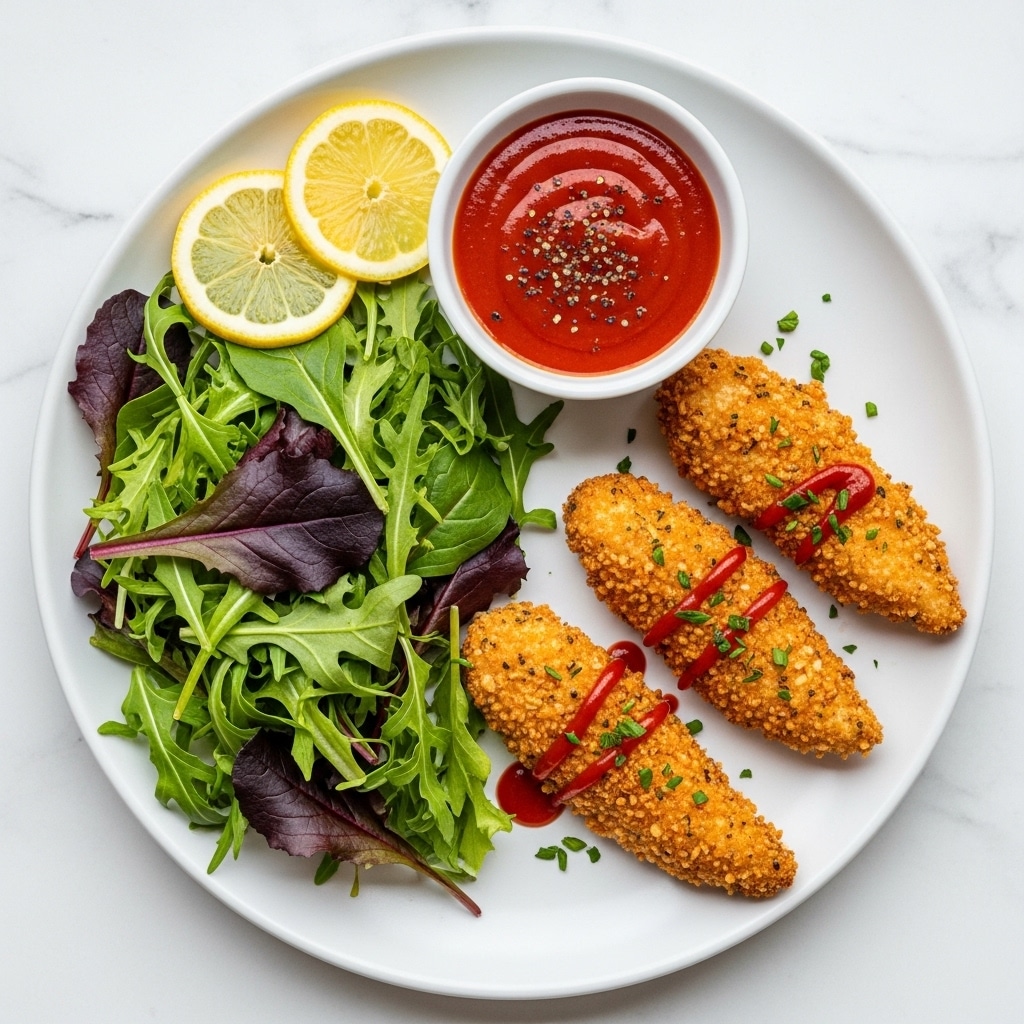 A white plate on a white marbled surface holds three golden-brown breaded chicken tenders arranged in a slightly overlapping row on the right side. Each tender has a crispy texture with herbs sprinkled on top, and the middle one is drizzled with a reddish sauce. On the left side of the plate, there is a fresh mixed green salad with different shades of green and purple leaves, alongside two thin lemon slices placed near the top. Above the chicken tenders is a small white bowl filled with bright red dipping sauce sprinkled with black pepper. Photo taken with an iphone --ar 4:5 --v 7