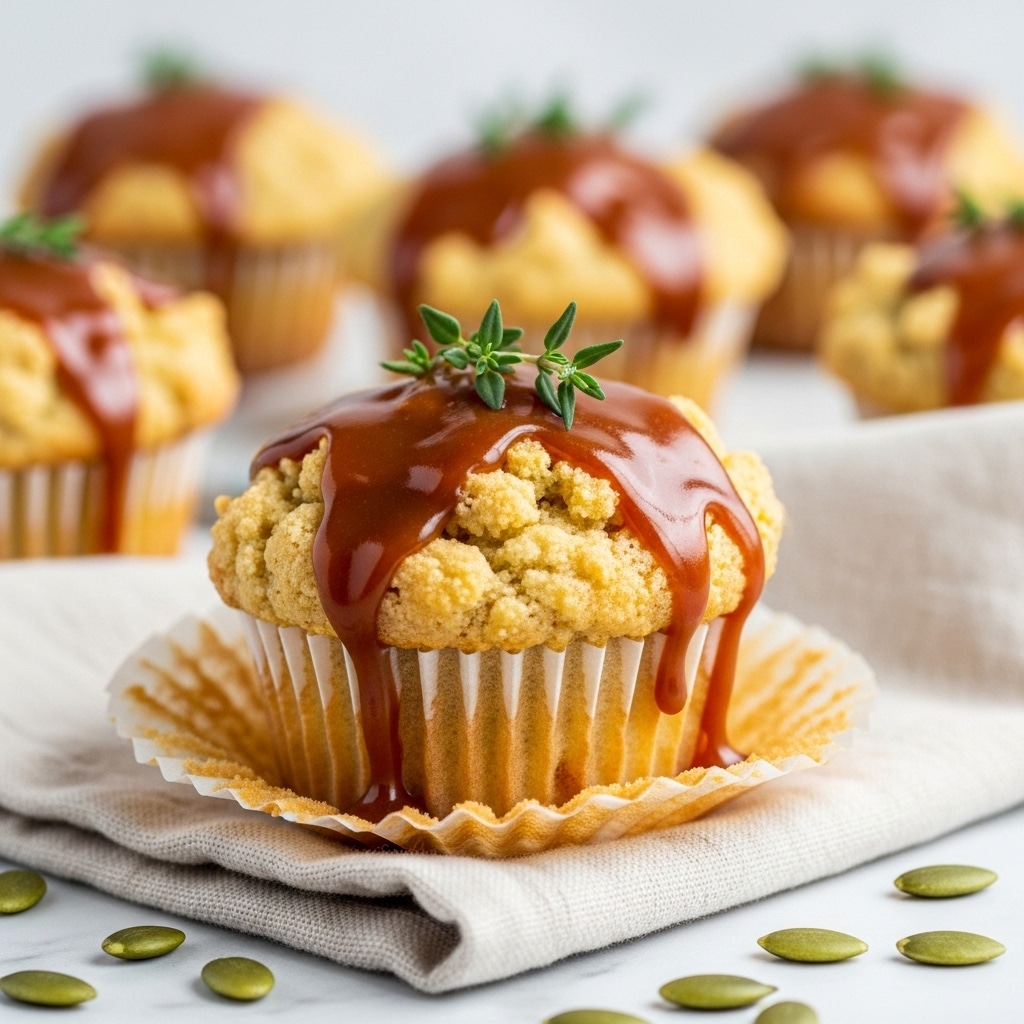 The image shows a close-up of a single muffin with a golden, crumbly top, covered in shiny, thick caramel sauce dripping down its sides. A small sprig of fresh green thyme sits on top of the caramel, giving a pop of color. The muffin liner is white and the muffin has a soft yellow inside with a slightly browned bottom. It rests on a light beige cloth with scattered pale green pumpkin seeds around it, all placed on a white marbled surface. In the blurred background, more muffins with similar caramel and thyme toppings can be seen. photo taken with an iphone --ar 4:5 --v 7