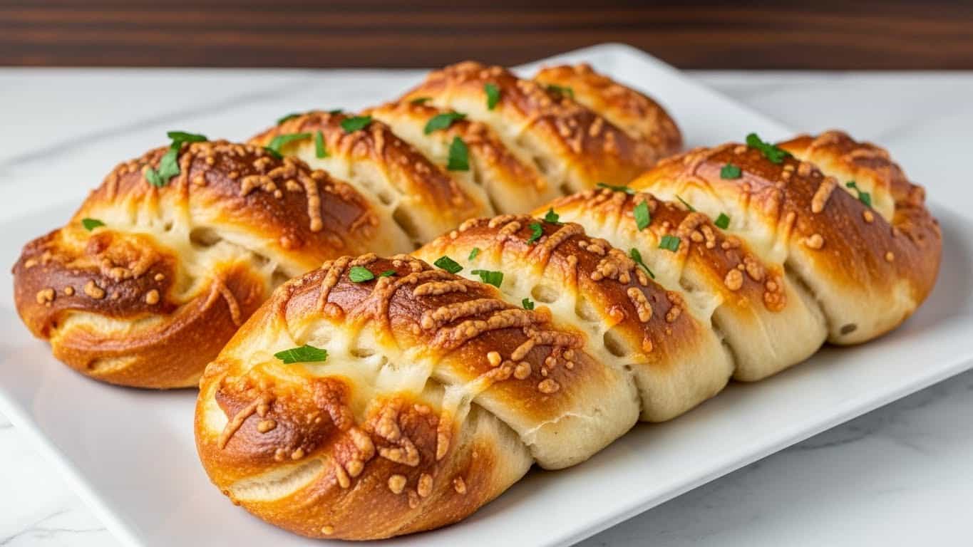 Two twisted bread loaves with a golden brown crust sit side by side on a white rectangular plate. The breads have a soft, fluffy texture with visible layers where the dough is twisted. They are topped with melted cheese that has slightly browned and fresh green parsley leaves scattered evenly across the surface. The plate rests on a white marbled surface with a dark wooden background behind it. photo taken with an iphone --ar 4:5 --v 7