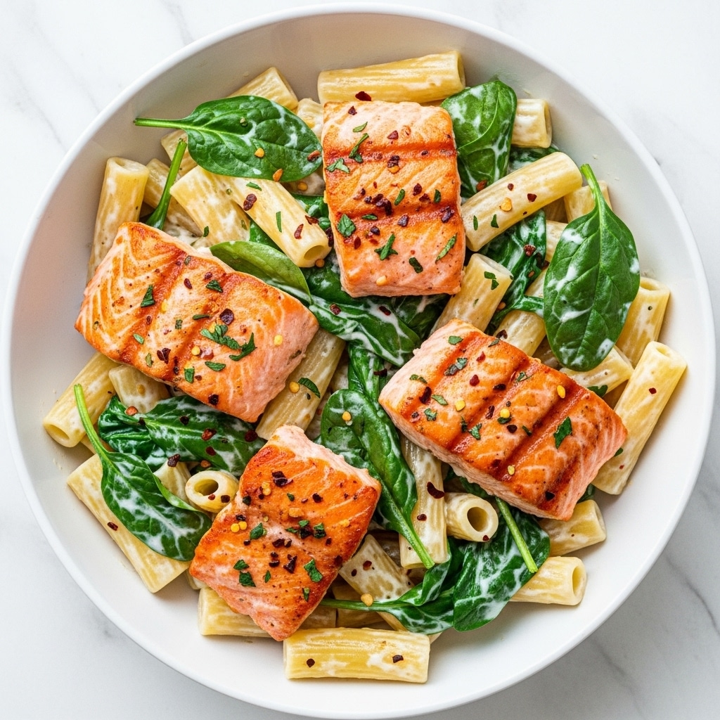 A white bowl filled with a creamy pasta dish consisting of rigatoni pasta coated in a light white sauce, with bright green spinach leaves scattered throughout. Thick, pink grilled salmon pieces with browned edges sit on top and within the pasta, sprinkled with bits of herbs and crushed pepper flakes. The textures show a mix of tender pasta, smooth sauce, soft fish, and slightly wilted spinach leaves against a white marbled surface. photo taken with an iphone --ar 4:5 --v 7