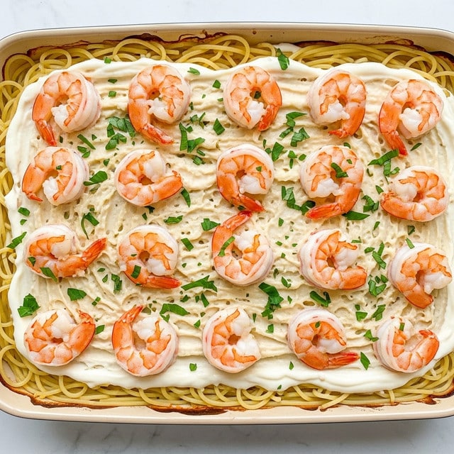 A white square baking dish filled with a creamy shrimp pasta bake, showing about two layers. The bottom layer is light golden cooked spaghetti pasta loosely spread out. On top, there is a thick, melted creamy white cheese sauce evenly covering the pasta. Scattered over the sauce are many plump, orange-pink shrimp with a slightly shiny texture, arranged in a neat pattern. Small green herb pieces are sprinkled over the shrimp and cheese, adding color contrast. The edges of the cheese sauce are slightly browned, showing it was baked. The dish sits on a white marbled surface. Photo taken with an iphone --ar 4:5 --v 7