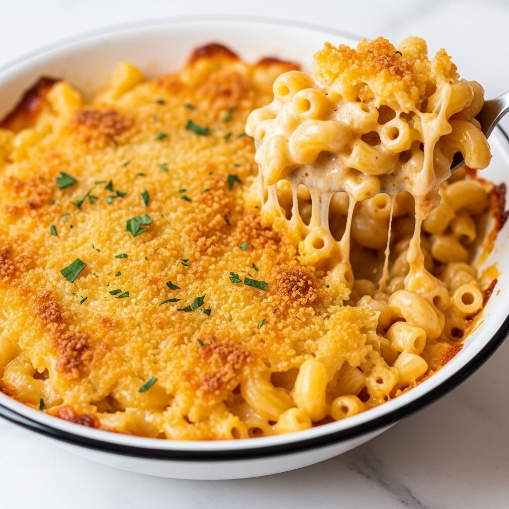 The image shows a close-up of a golden-brown baked mac and cheese in a white bowl with a dark rim. The top layer is a crispy, browned cheese crust with small green herb pieces sprinkled over it. Underneath the crust is a creamy, gooey layer of melted cheese that stretches as a spoon lifts a portion of tender elbow macaroni coated in the rich sauce. The white marbled surface beneath the bowl provides a clean, bright contrast, emphasizing the warm colors and textures of the dish. photo taken with an iphone --ar 4:5 --v 7