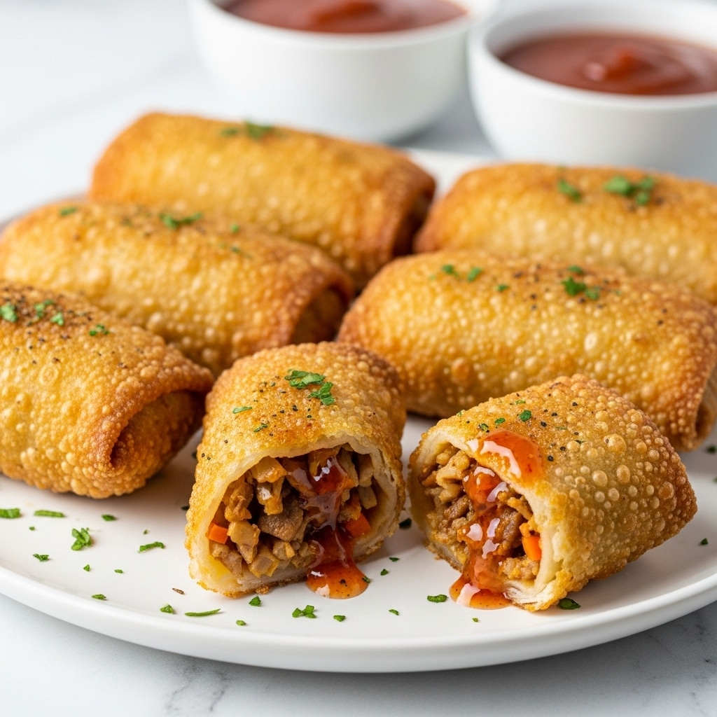 A white plate holds five golden brown egg rolls, each showing a crispy, bubbled texture with light specks of seasoning on the surface. One egg roll is cut open at the center, revealing a rich filling of mixed cooked vegetables and meat with a glossy, reddish-orange sauce that adds a shiny layer inside. The plate is sprinkled with finely chopped green herbs, adding a fresh contrast to the warm colors. In the blurred background, there are two white bowls filled with smooth, deep reddish-orange dipping sauce. The whole setup is placed on a white marbled surface giving a clean and bright look. Photo taken with an iphone --ar 4:5 --v 7